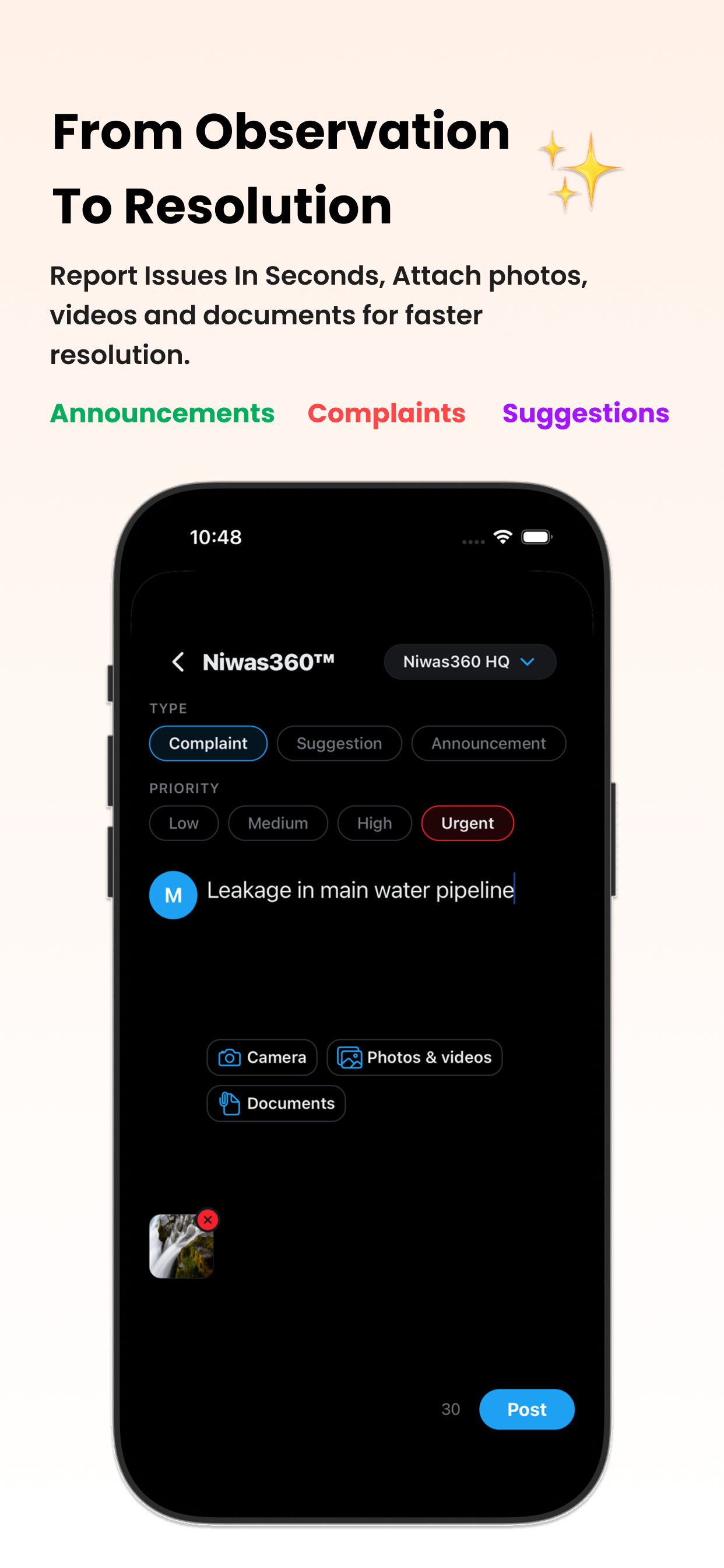 Niwas360 — report issues with photos and priority